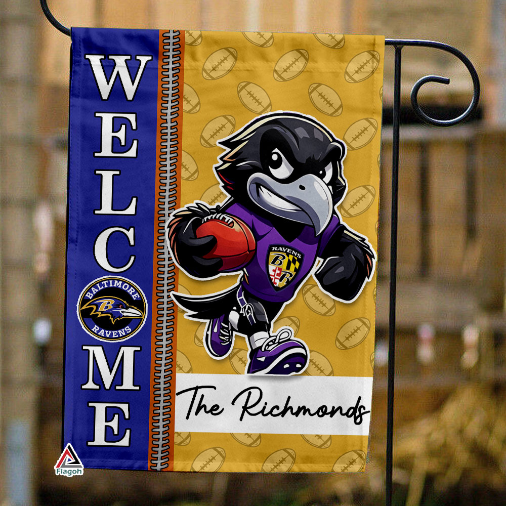 Baltimore Ravens Football Flag, Poe Mascot Personalized Football Fan Welcome Flags, Custom Family Name NFL Decor