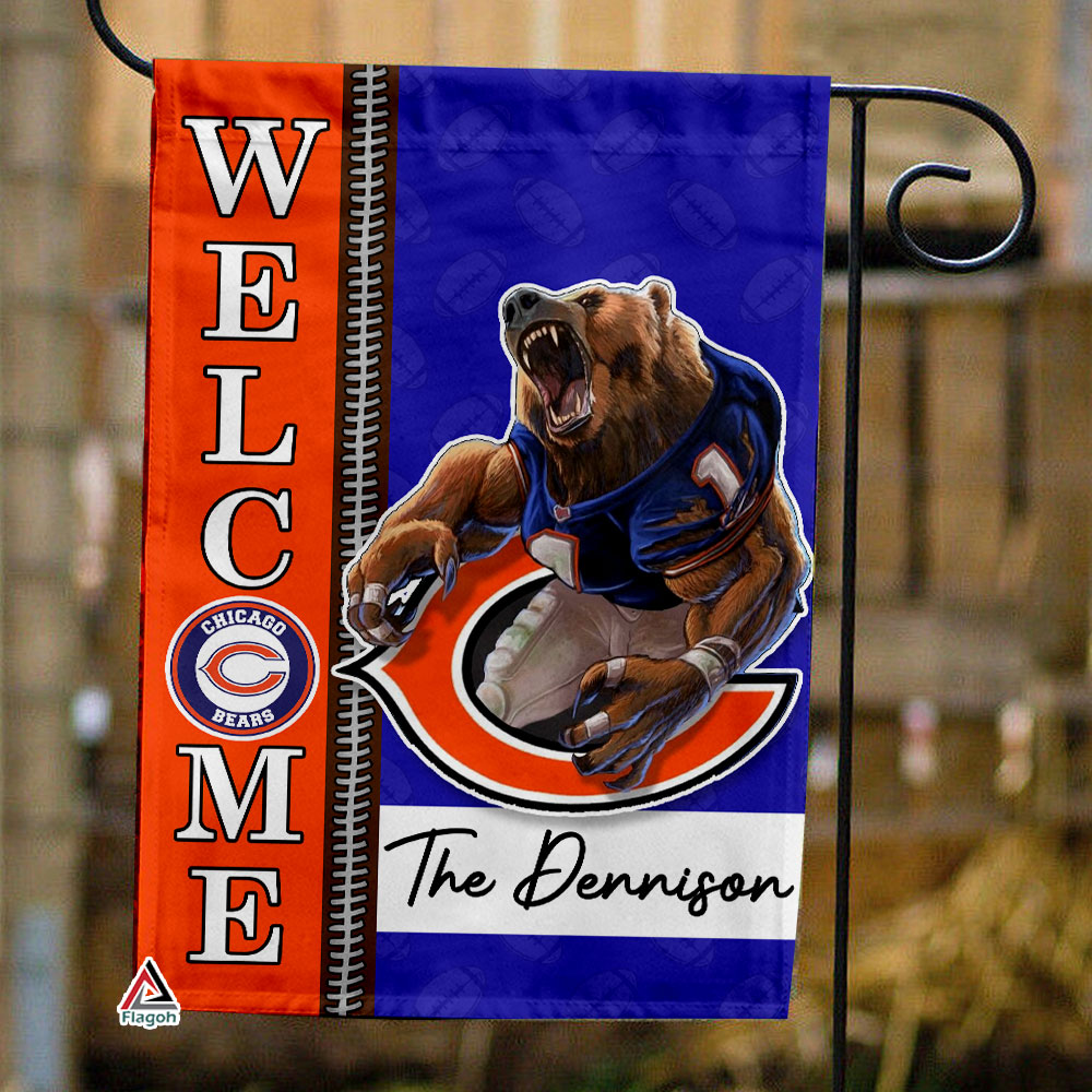 Chicago Bears Football Flag, Staley Da Bear Mascot Personalized Football Fan Welcome Flags, Custom Family Name NFL Decor
