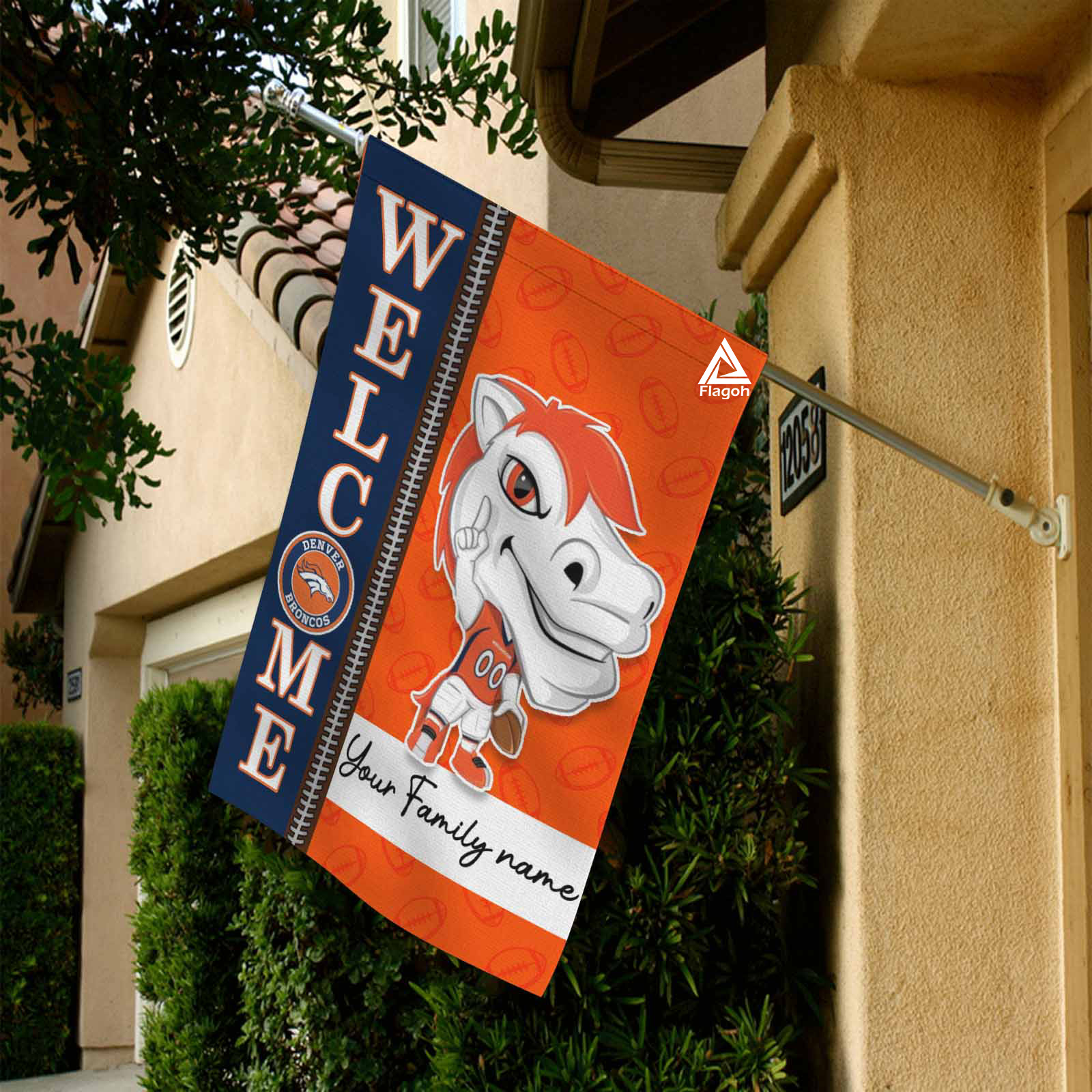 Denver Broncos Football Flag, Thunder Mascot Personalized Football Fan Welcome Flags, Custom Family Name NFL Decor - Image 3