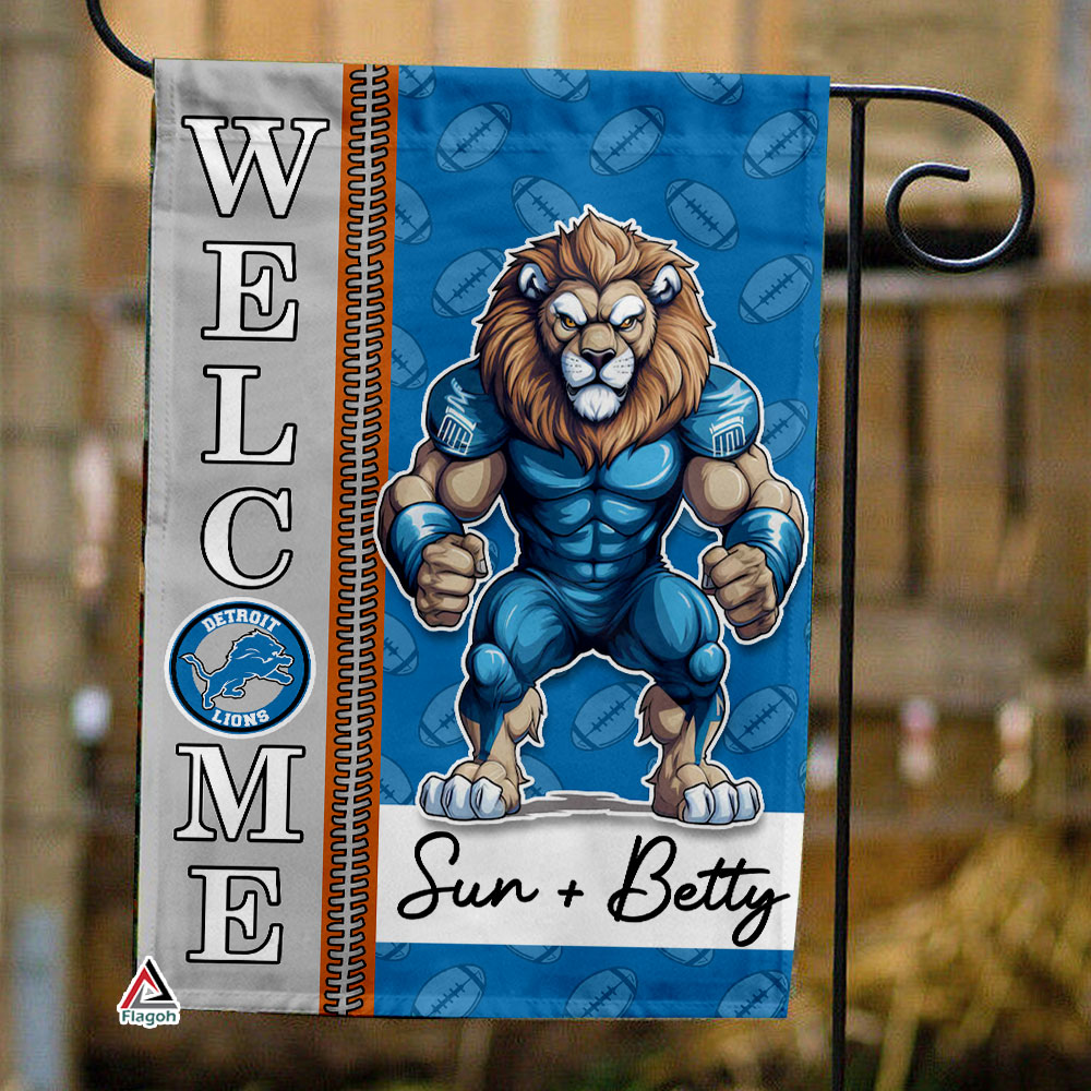 Detroit Lions Football Flag, Roary Mascot Personalized Football Fan Welcome Flags, Custom Family Name NFL Decor