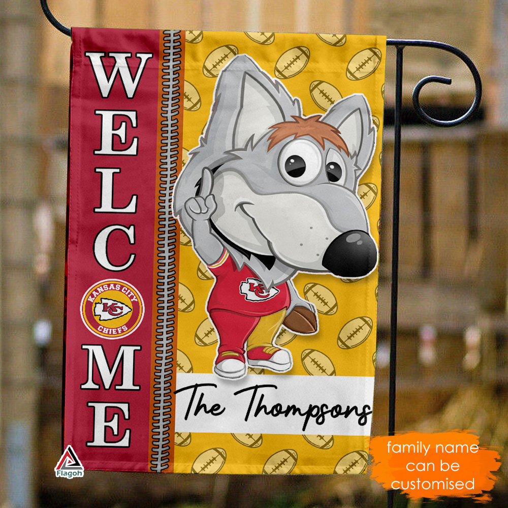 Kansas City Chiefs Football Flag, KC Wolf Mascot Personalized Football Fan Welcome Flags, Custom Family Name NFL Premium Decor