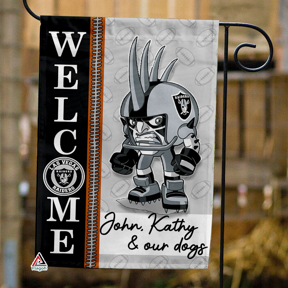 Las Vegas Raiders Football Flag, Raider Rusher Mascot Personalized Football Fan Welcome Flags, Custom Family Name NFL Decor