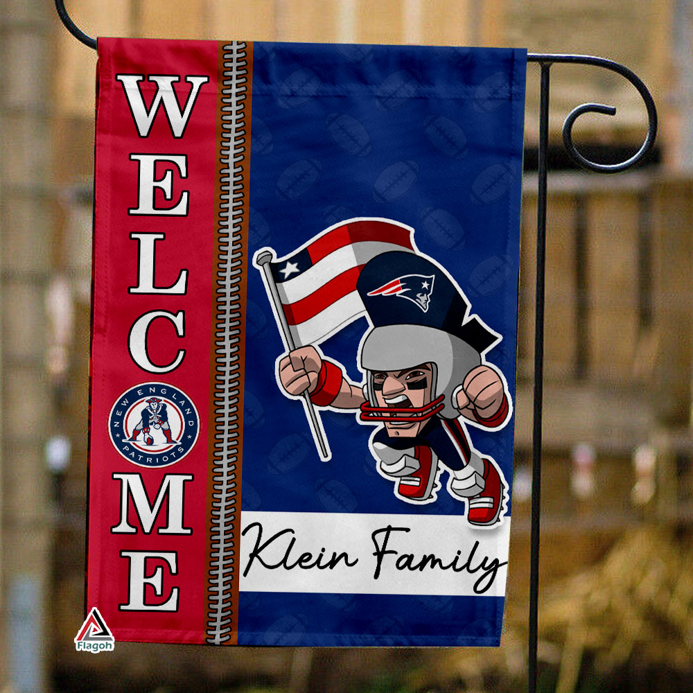 New England Patriots Football Flag, Pat Patriot Mascot Personalized Football Fan Welcome Flags, Custom Family Name NFL Decor