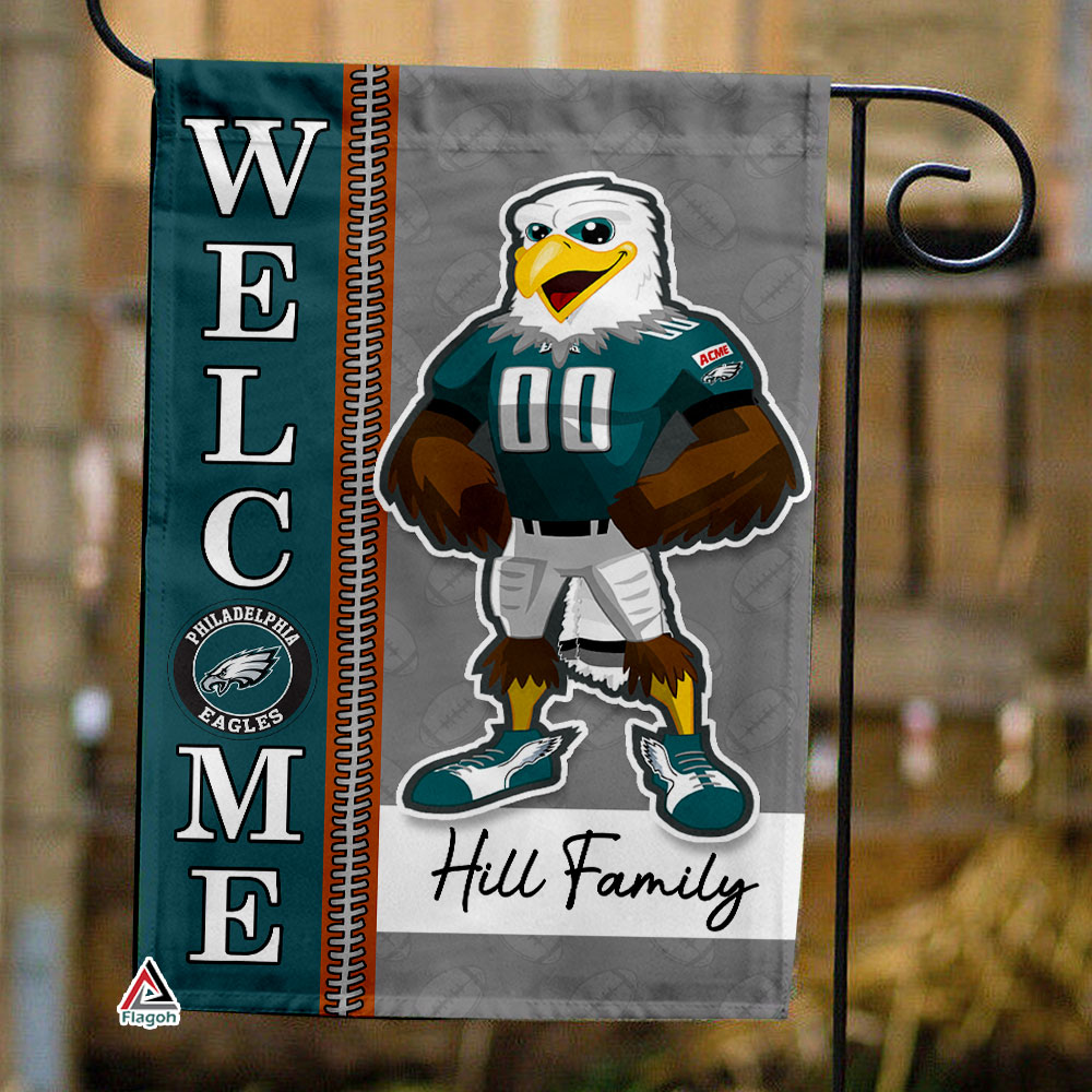 Philadelphia Eagles Football Flag, Swoop Mascot Personalized Football Fan Welcome Flags, Custom Family Name NFL Decor