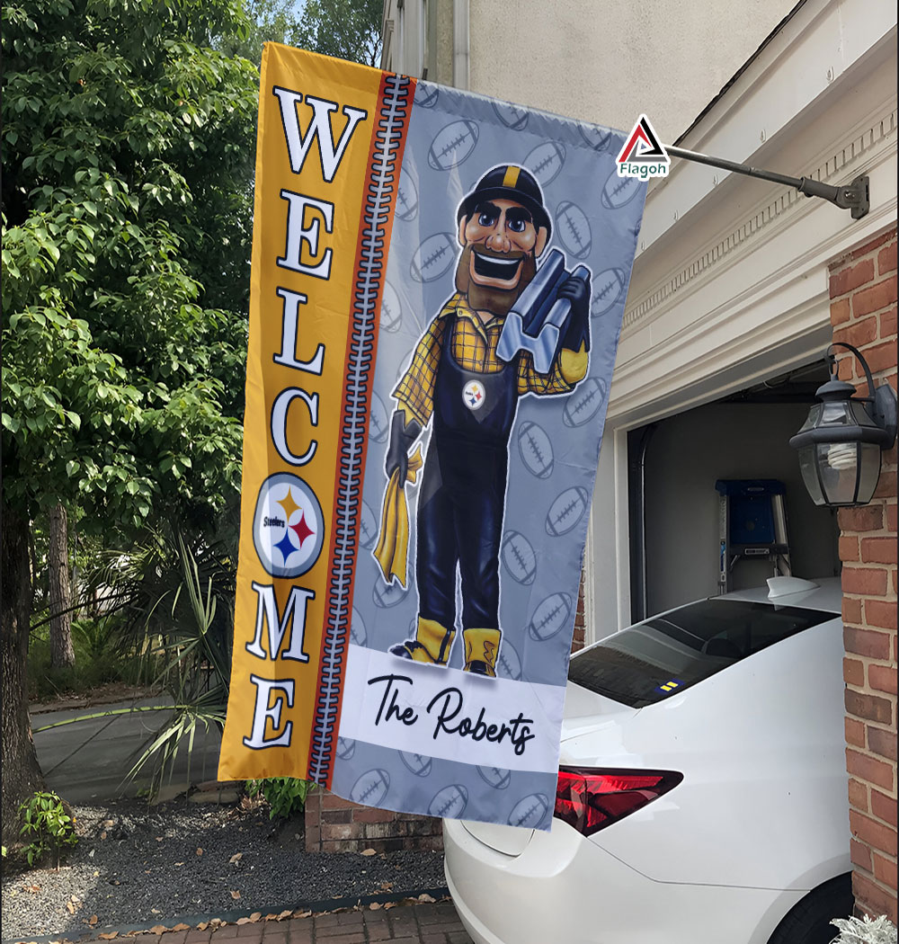 Pittsburgh Steelers Football Flag, Steely McBeam Mascot Personalized Football Fan Welcome Flags, Custom Family Name NFL Decor - Image 4