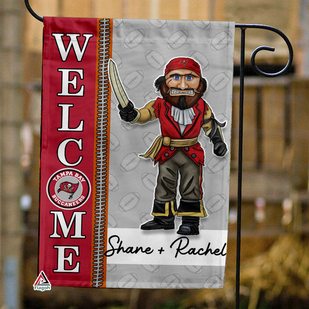Tampa Bay Buccaneers Football Flag, Captain Fear Mascot Personalized Football Fan Welcome Flags, Custom Family Name NFL Decor
