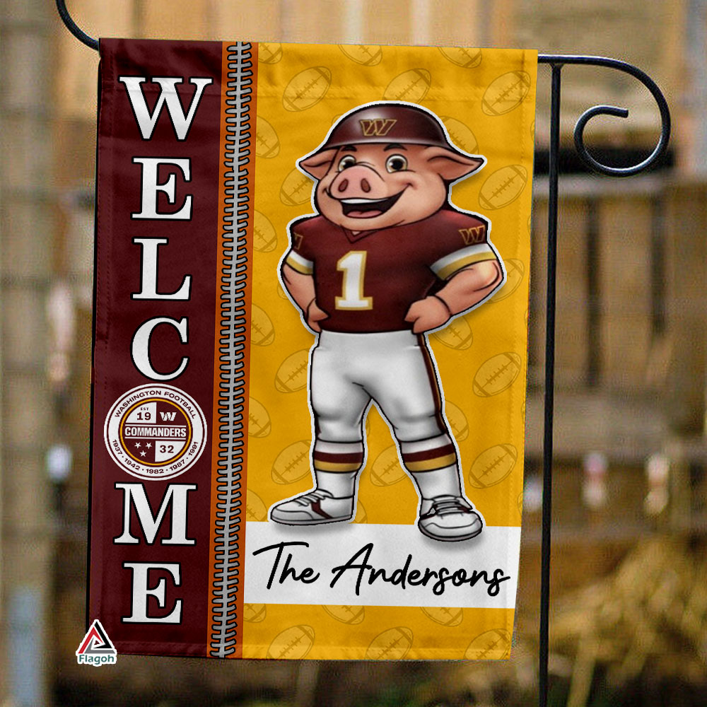 Washington Commanders Football Flag, Major Tuddy Mascot Personalized Football Fan Welcome Flags, Custom Family Name NFL Decor
